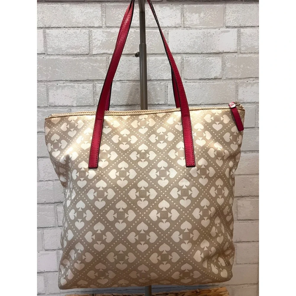Kate Spade New York Spade‎ Logo Tote Bag Tan Pink Leather Trim Shoulder Bag